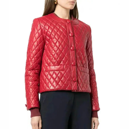 Women's Quilted Red Collarless Leather Jacket