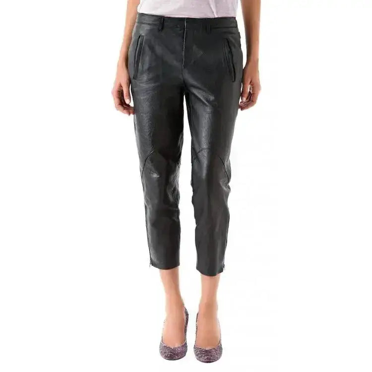 Women's High-Waisted Black Lambskin Leather Capri Pants