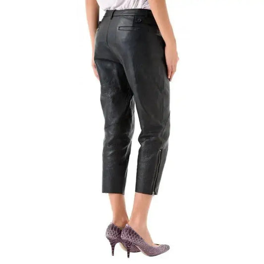 Women's High-Waisted Black Lambskin Leather Capri Pants