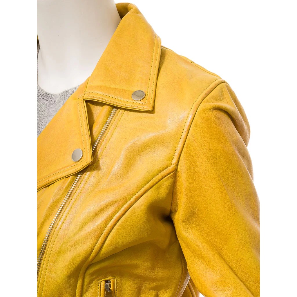WOMENS YELLOW LEATHER BIKER JACKET DAVIE - M