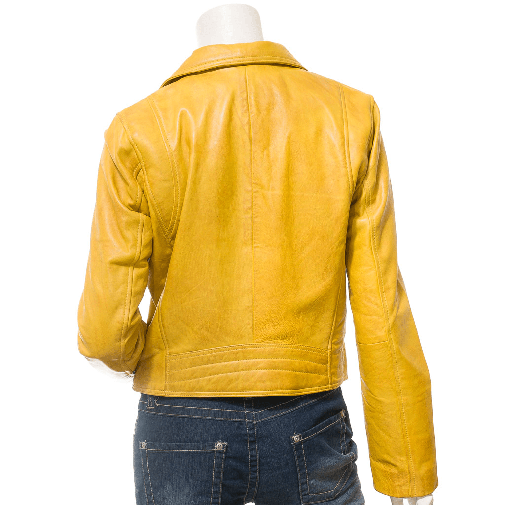 WOMENS YELLOW LEATHER BIKER JACKET DAVIE - XL